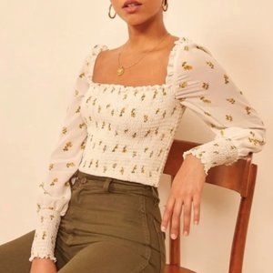 NWOT Reformation Pinto Smocked Long Sleeve Floral Blouse Top Rosebud Small S